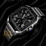 Chronograph Silver Watch With Black Dial and Bezel Chain