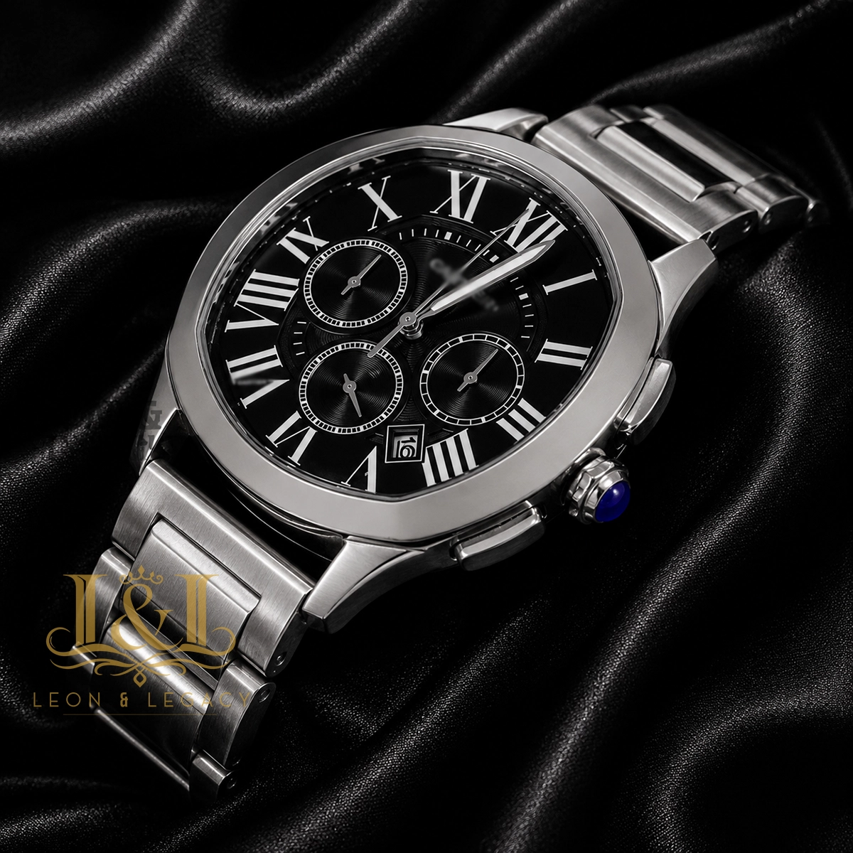Chronograph Silver Watch With Black Dial and Chain Strap 1 copy