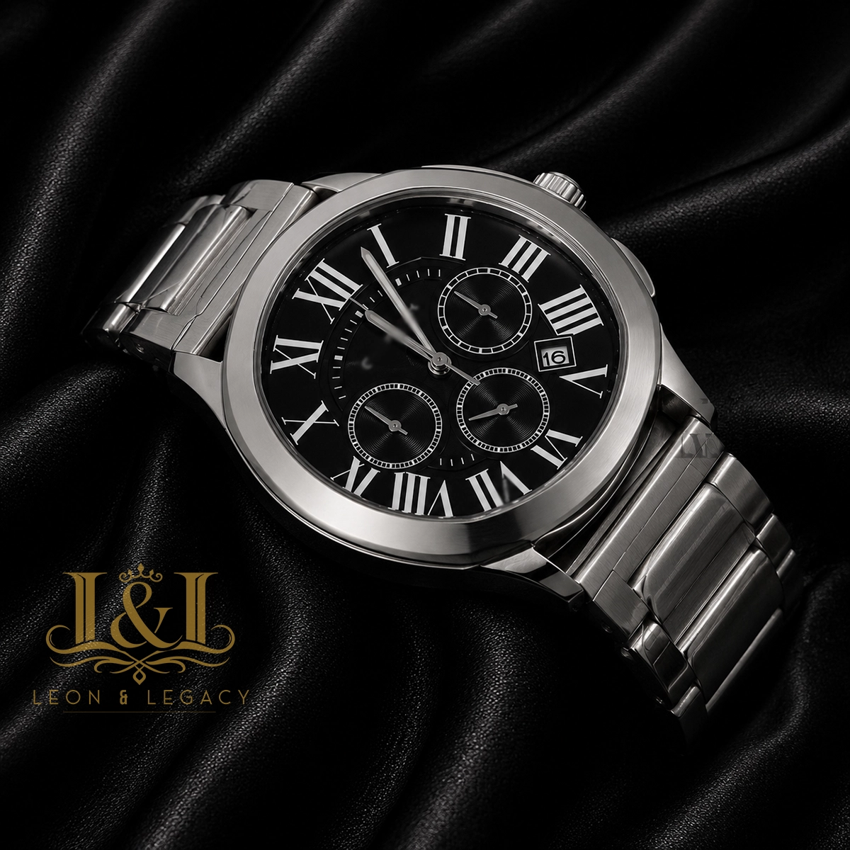 Chronograph Silver Watch With Black Dial and Chain Strap