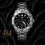 Chronograph Silver Watch With Black Dial and Chain Strap