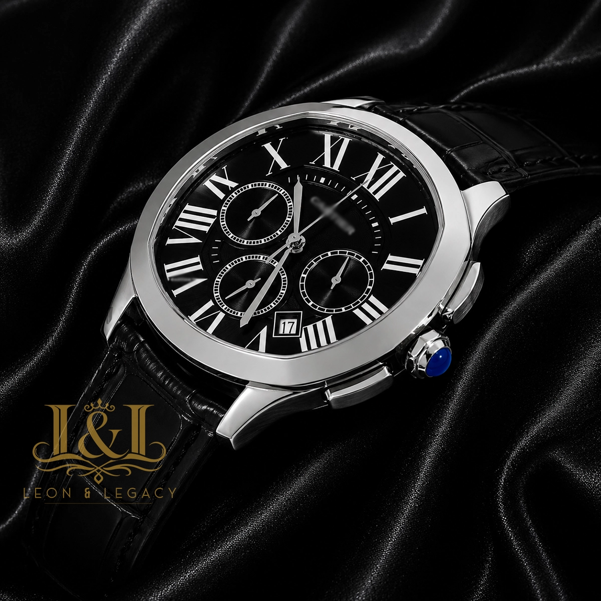Chronograph Silver Watch With Black Dial and Leather Strap 1 copy