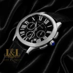 Chronograph Silver Watch with Dial and Black Leather Strap