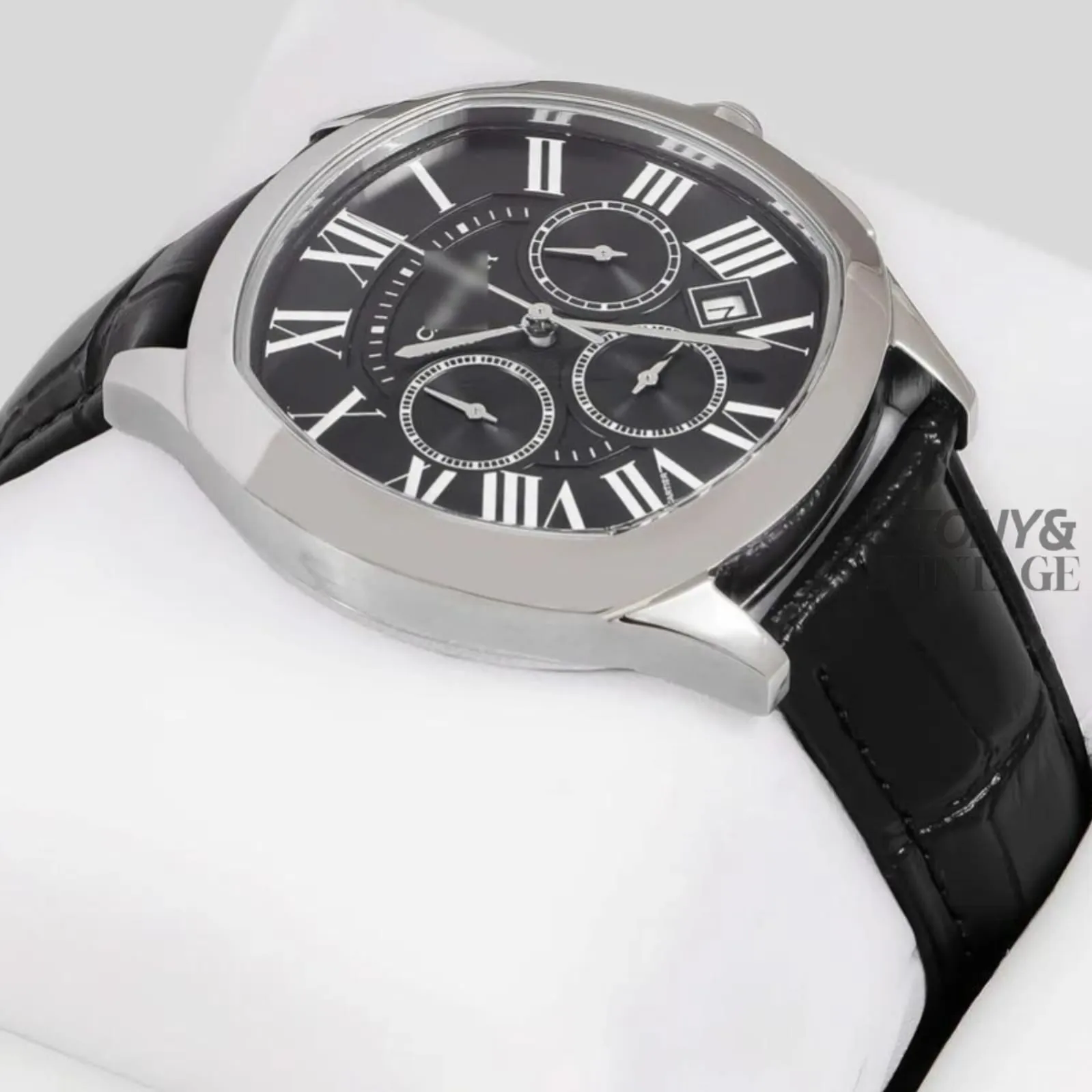 Chronograph Silver Watch with Dial and Black Leather Strap
