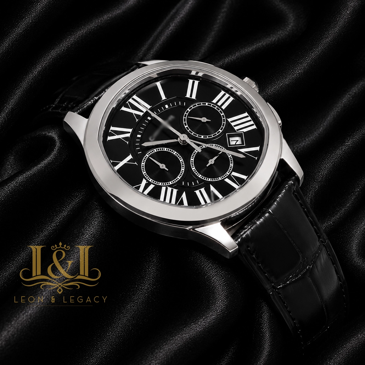 Chronograph Silver Watch With Black Dial and Leather Strap