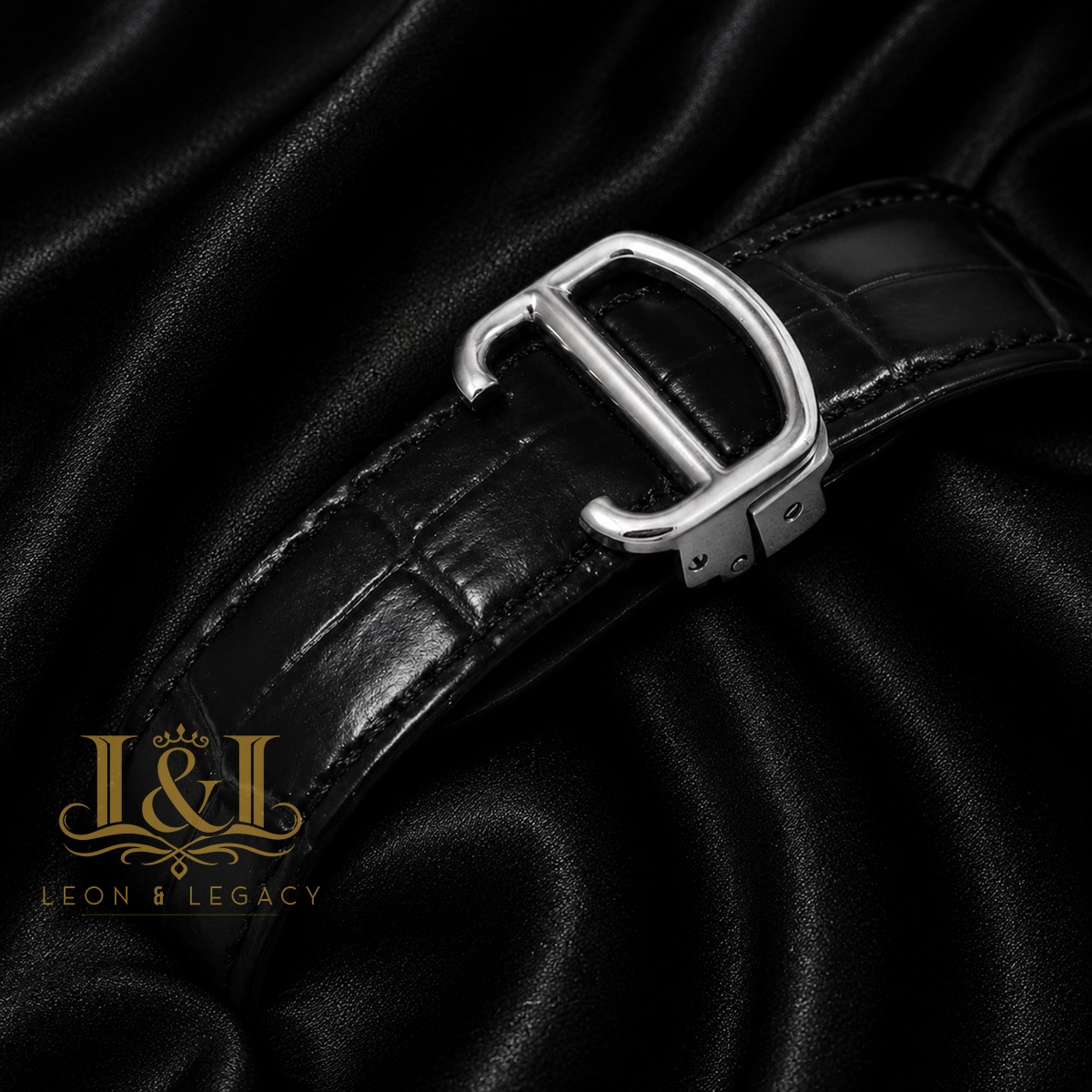 Chronograph Silver Watch With Black Dial and Leather Strap
