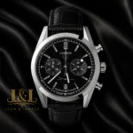 Chronograph Silver Watch With Black Dial and Leather Strap