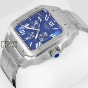 Chronograph Silver Watch With Blue Dial and Chain