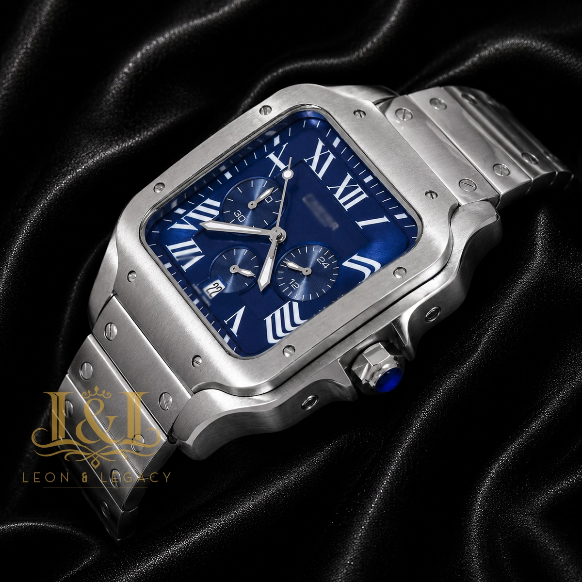 Chronograph Silver Watch With Blue Dial and Chain 1 copy