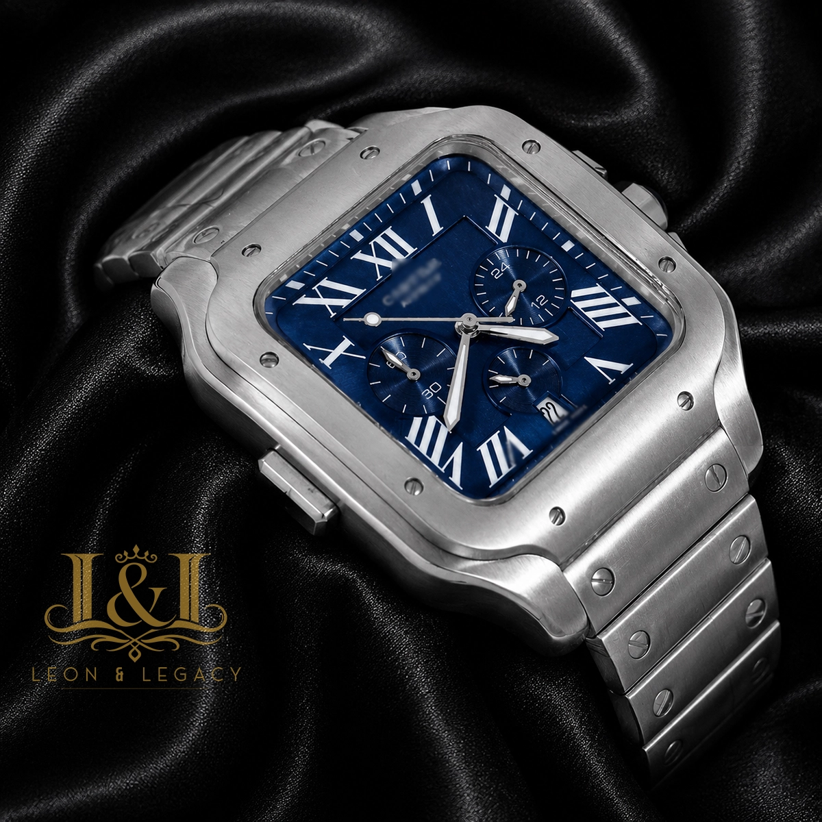 Chronograph Silver Watch With Blue Dial and Chain