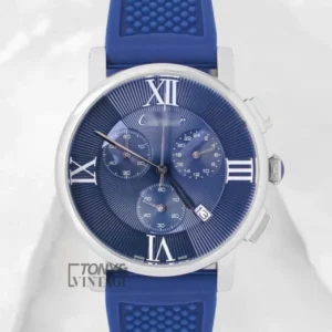 Chronograph Silver Watch With Blue Dial and PVC Strap