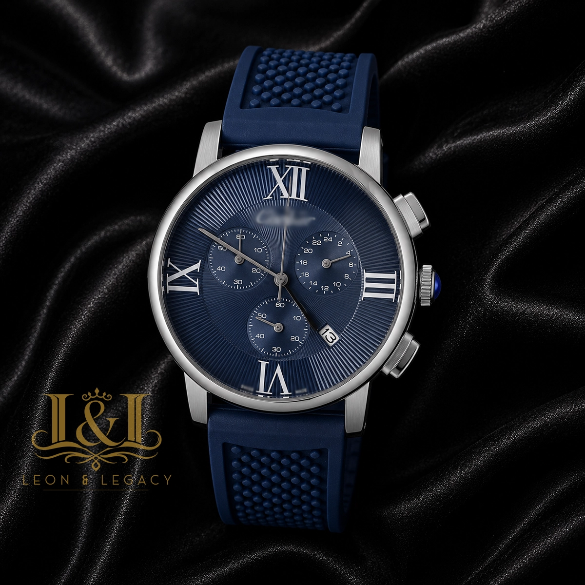 Chronograph Silver Watch With Blue Dial and PVC Strap copy