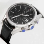 Chronograph Silver Watch with Black Dial and Leather Strap