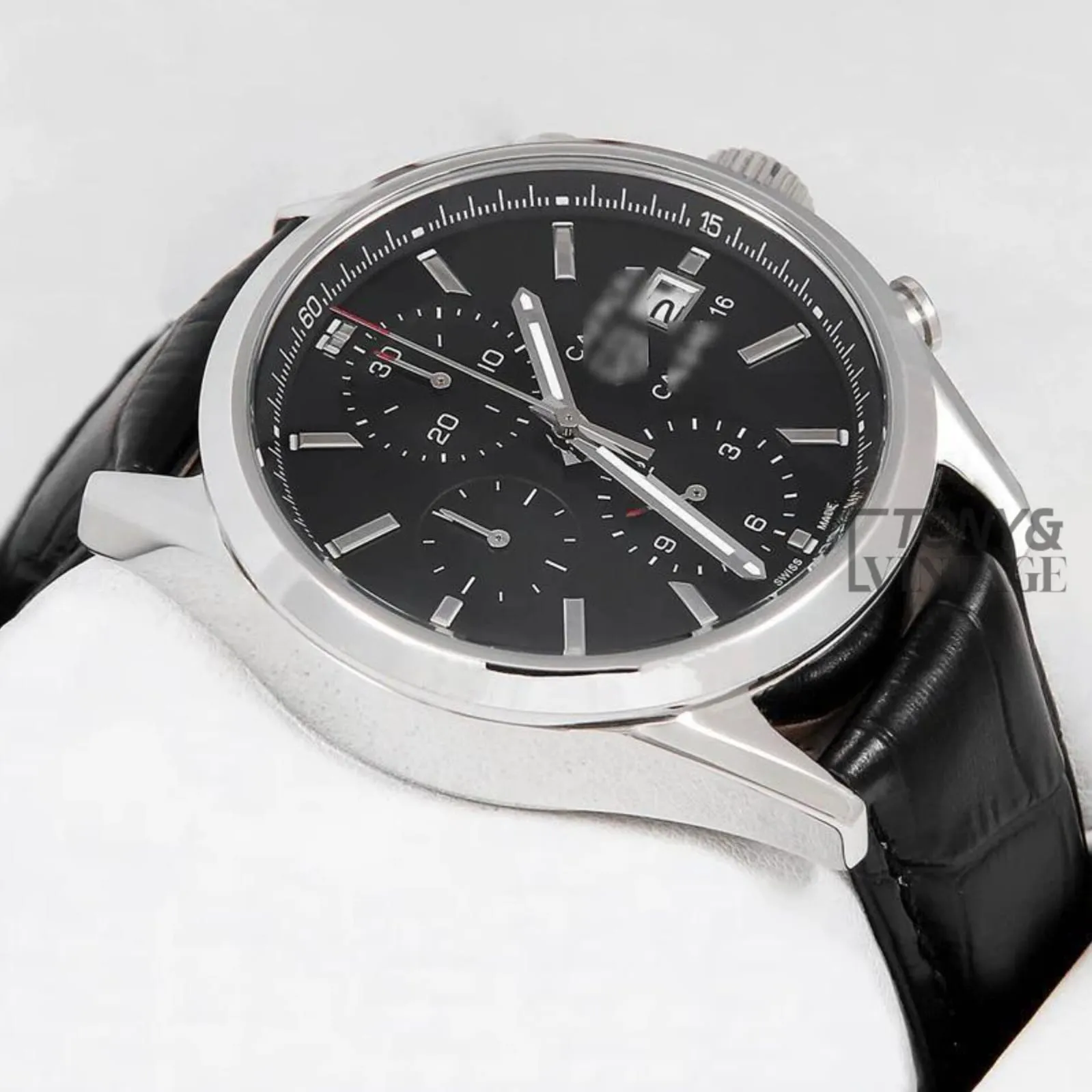 Chronograph Silver Watch with Black Dial and Leather Strap