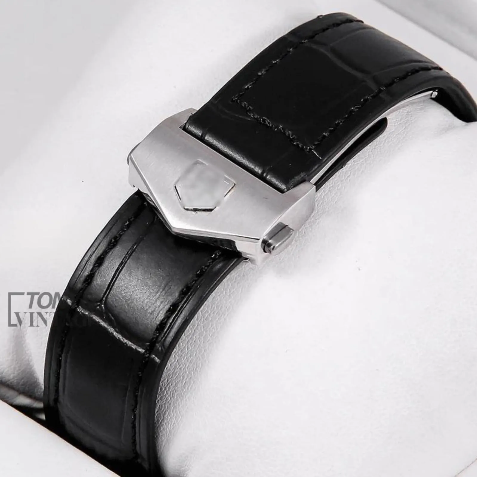 Chronograph Silver Watch with Black Dial and Leather Strap