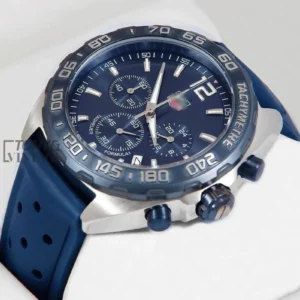 Chronograph Silver Watch with Blue Dial, Bezel, and Rubber Strap