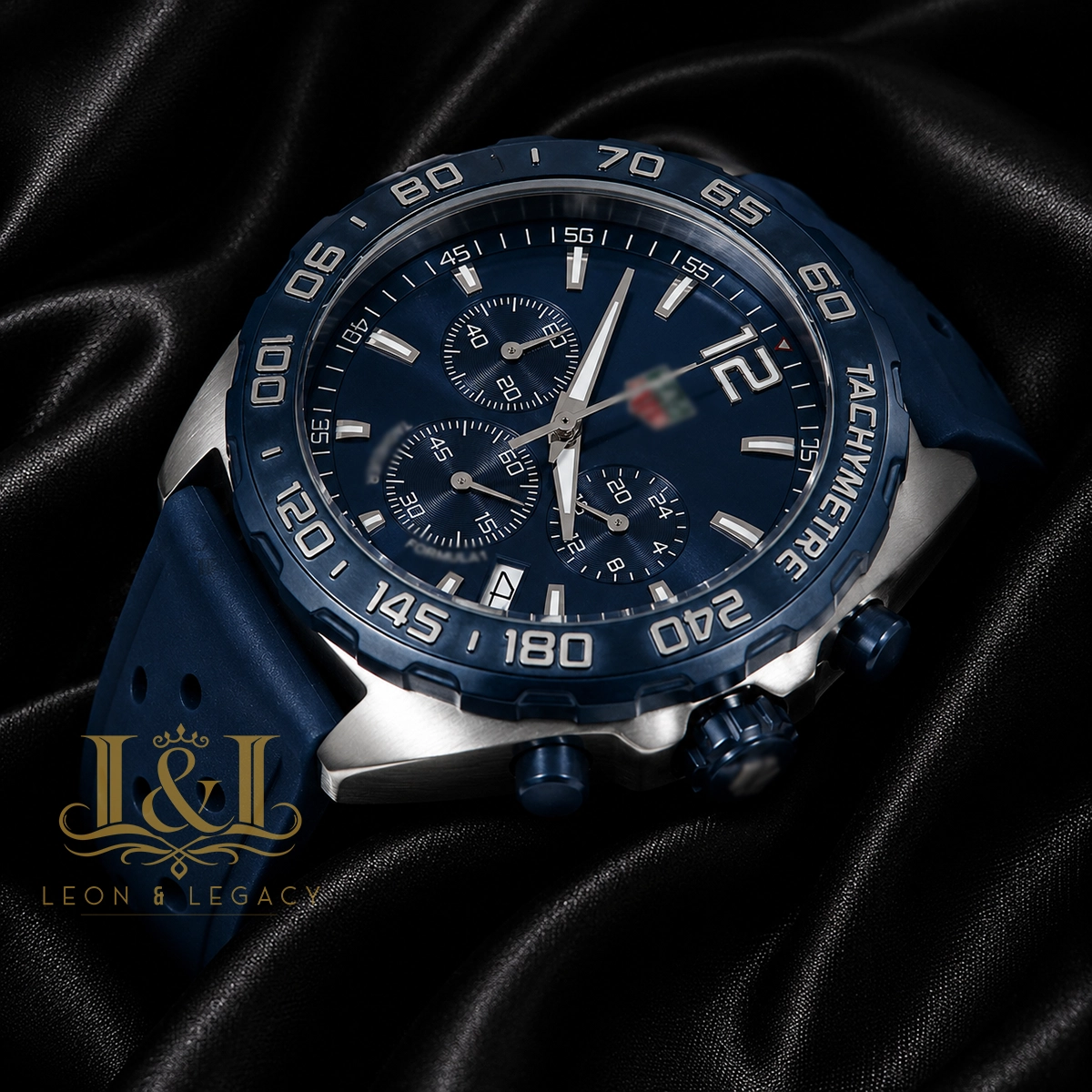 Chronograph Silver Watch with Blue Dial, Bezel, and Rubber Strap1 copy