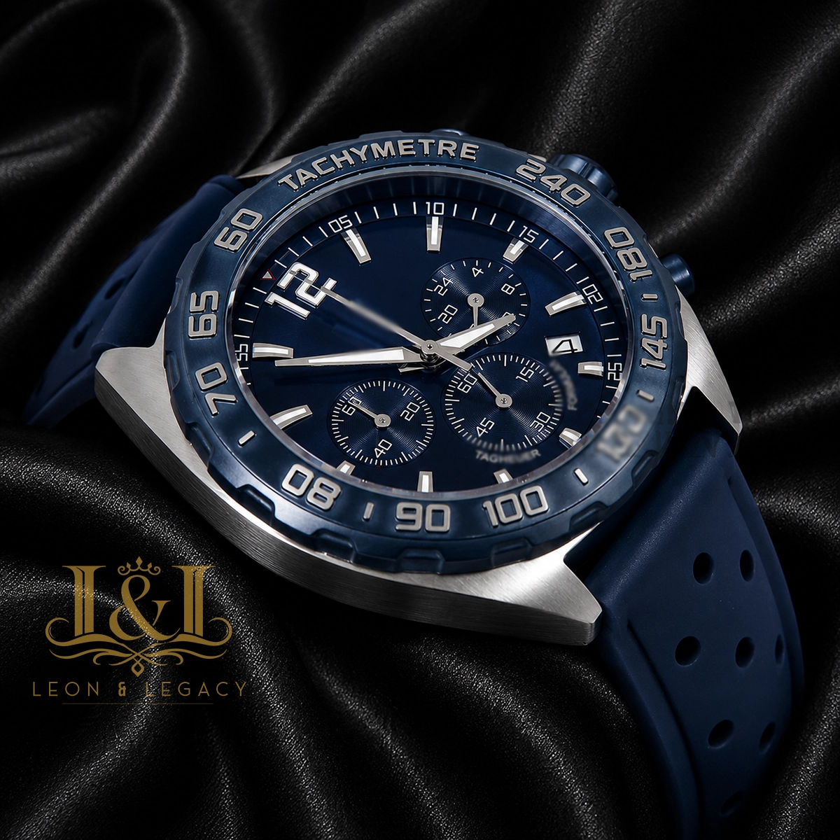 Chronograph Silver Watch with Blue Dial, Bezel, and Rubber Strap