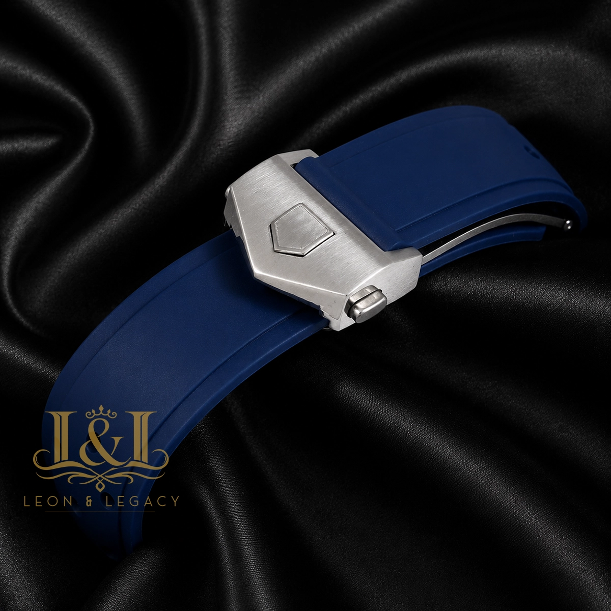Chronograph Silver Watch with Blue Dial, Bezel, and Rubber Strap
