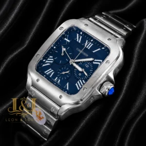 Chronograph Silver Watch with Blue Dial and Chain Strap
