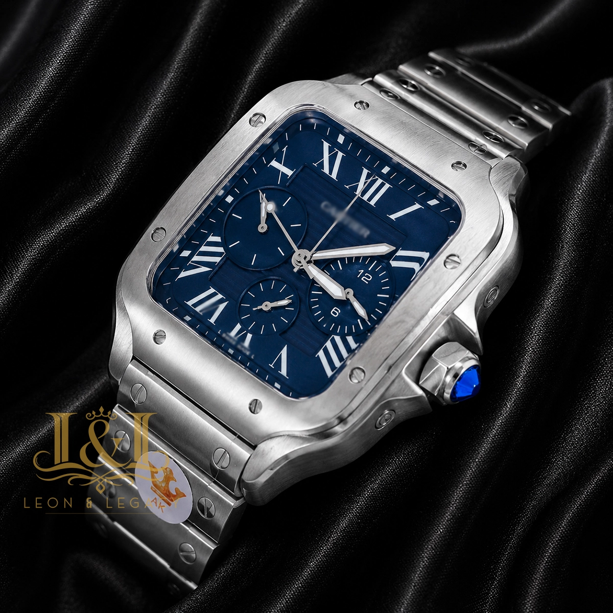 Chronograph Silver Watch with Blue Dial and Chain Strap 1 copy
