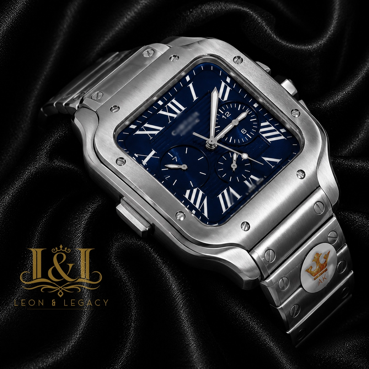 Chronograph Silver Watch with Blue Dial and Chain Strap