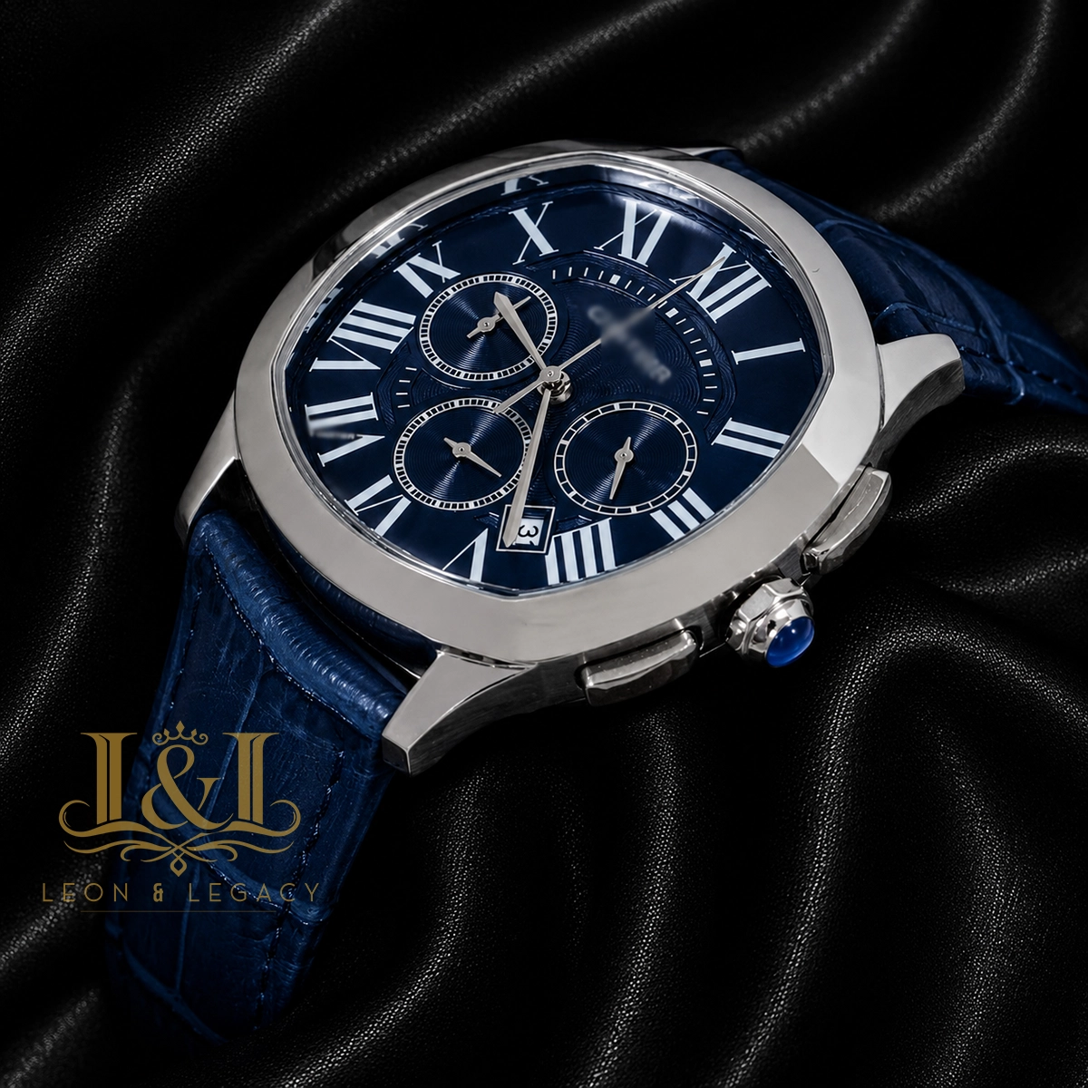 Chronograph Silver Watch with Blue Dial and Leather Strap 1 copy