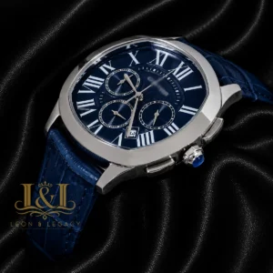 Chronograph Silver Watch with Blue Dial and Leather Strap