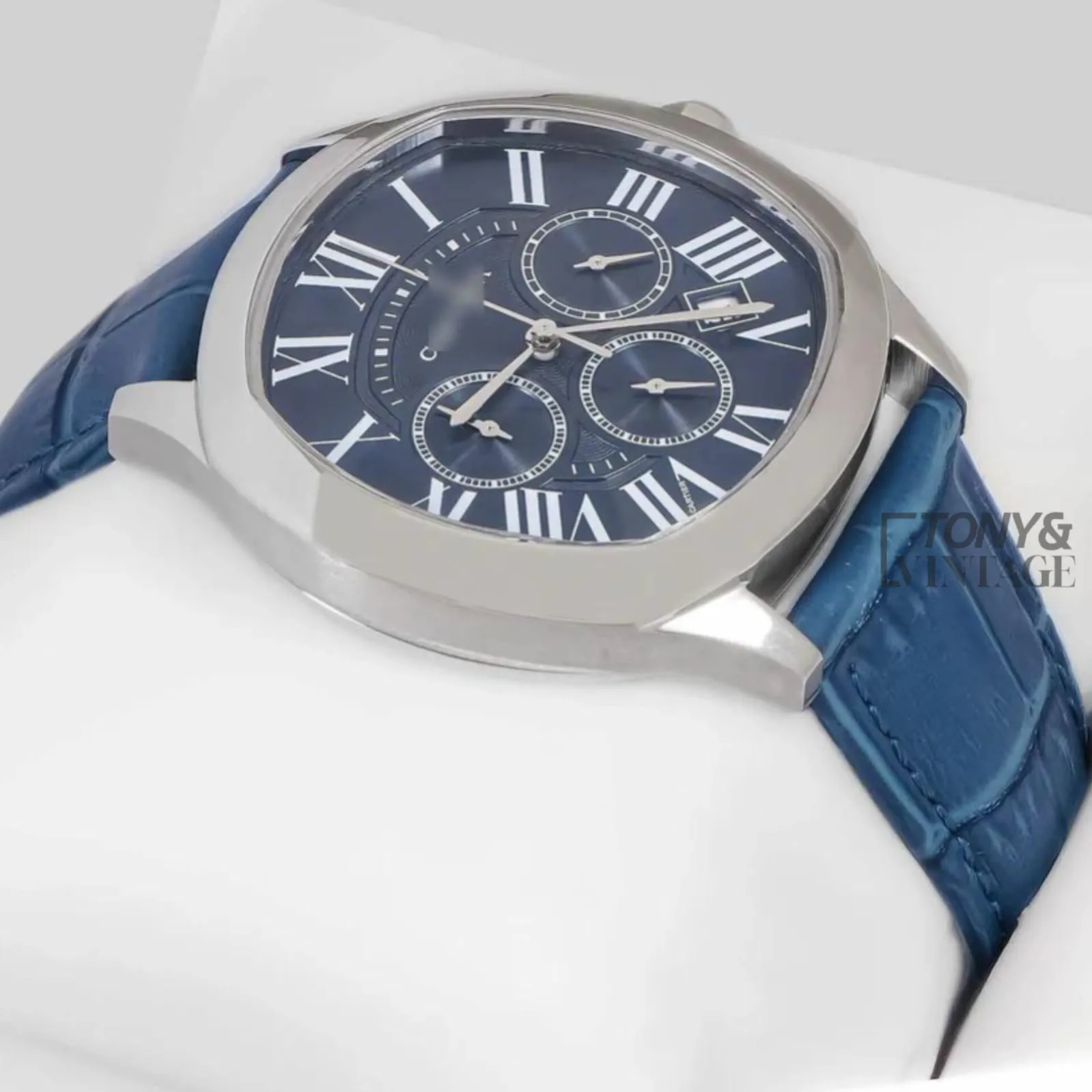 Chronograph Silver Watch with Blue Dial and Leather Strap
