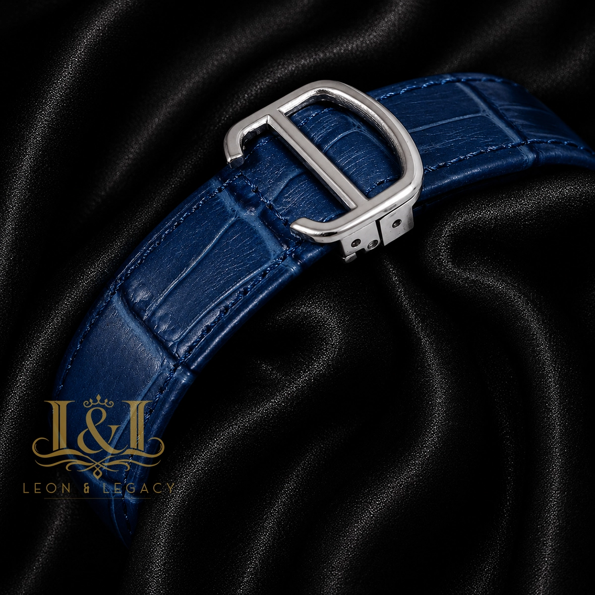 Chronograph Silver Watch with Blue Dial and Leather Strap