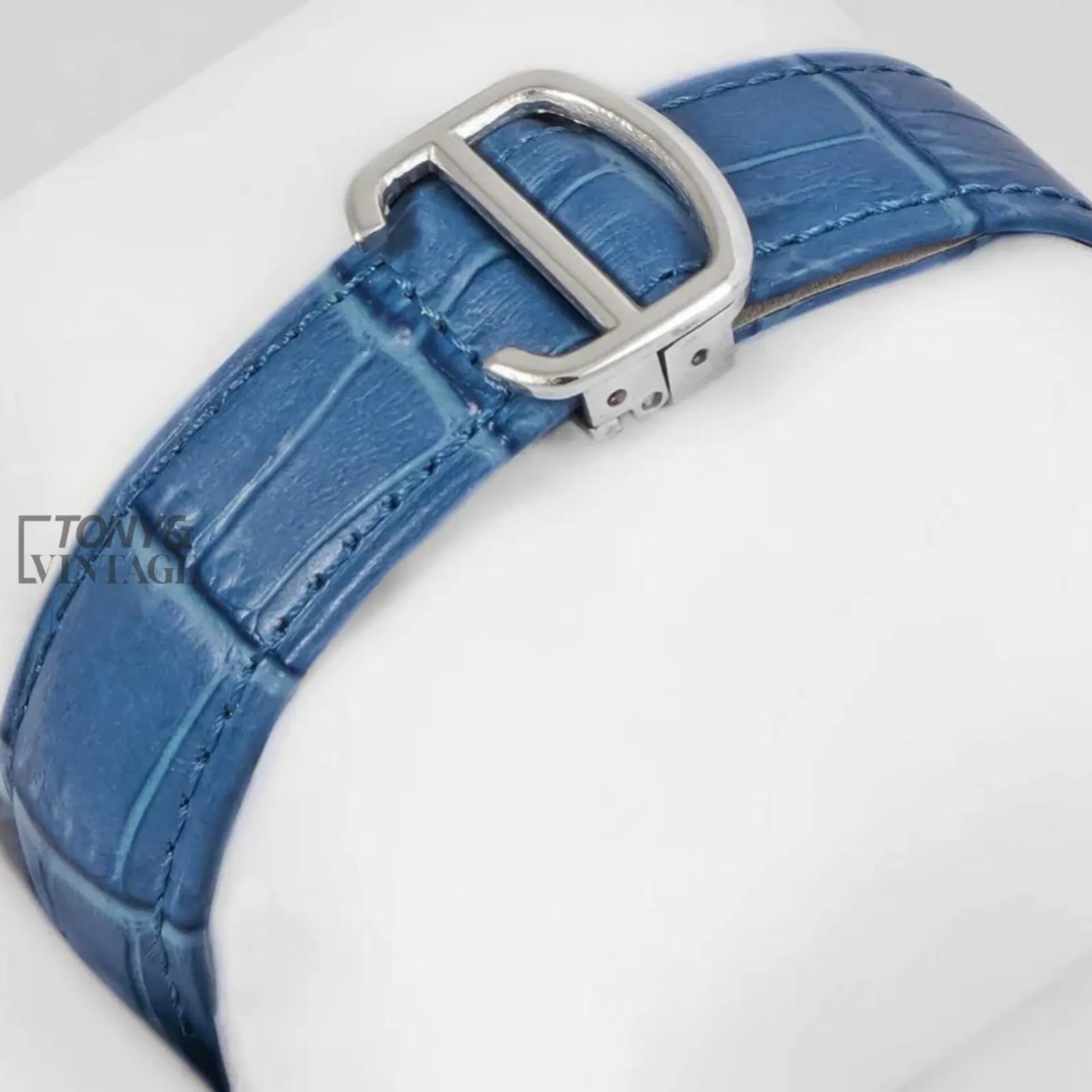 Chronograph Silver Watch with Blue Dial and Leather Strap