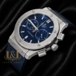 Chronograph Silver Watch with Blue Dial and PVC Strap