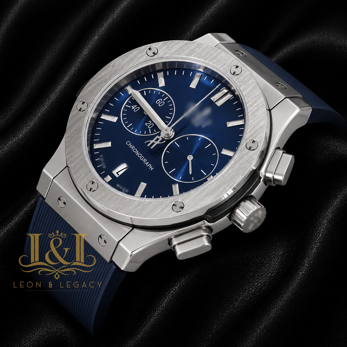Chronograph Silver Watch with Blue Dial and PVC Strap 1 copy