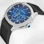 Chronograph Silver Watch with Blue Dial and Rubber Strap