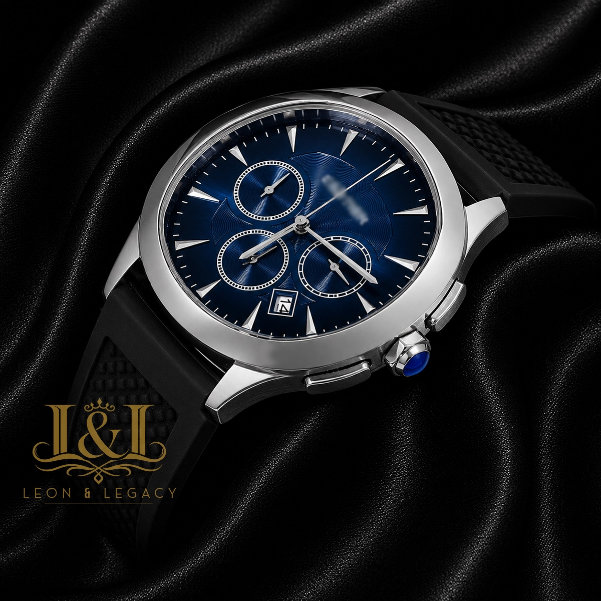Chronograph Silver Watch with Blue Dial and Rubber Strap 1 copy