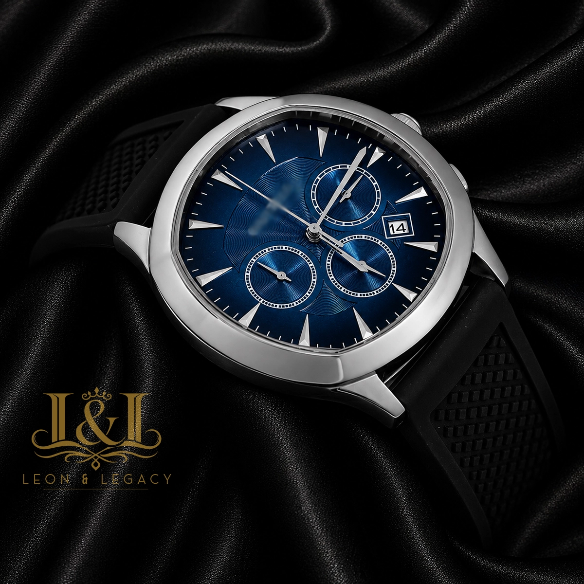 Chronograph Silver Watch with Blue Dial and Rubber Strap