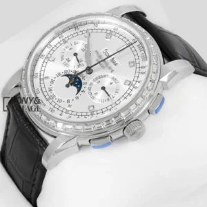 Chronograph Silver Watch with Dial and Black Leather Strap