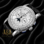 Chronograph Silver Watch with Dial and Black Leather Strap