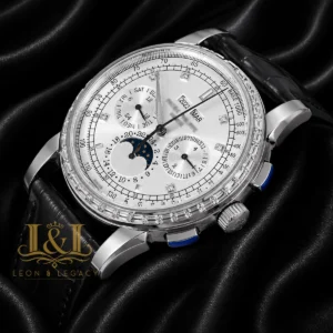 Chronograph Silver Watch with Dial and Black Leather Strap
