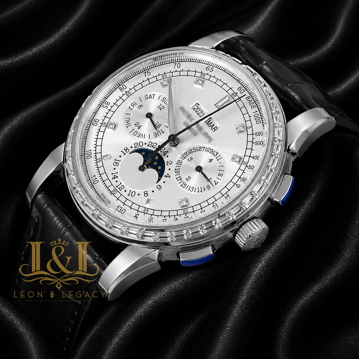 Chronograph Silver Watch with Dial and Black Leather Strap 1 copy