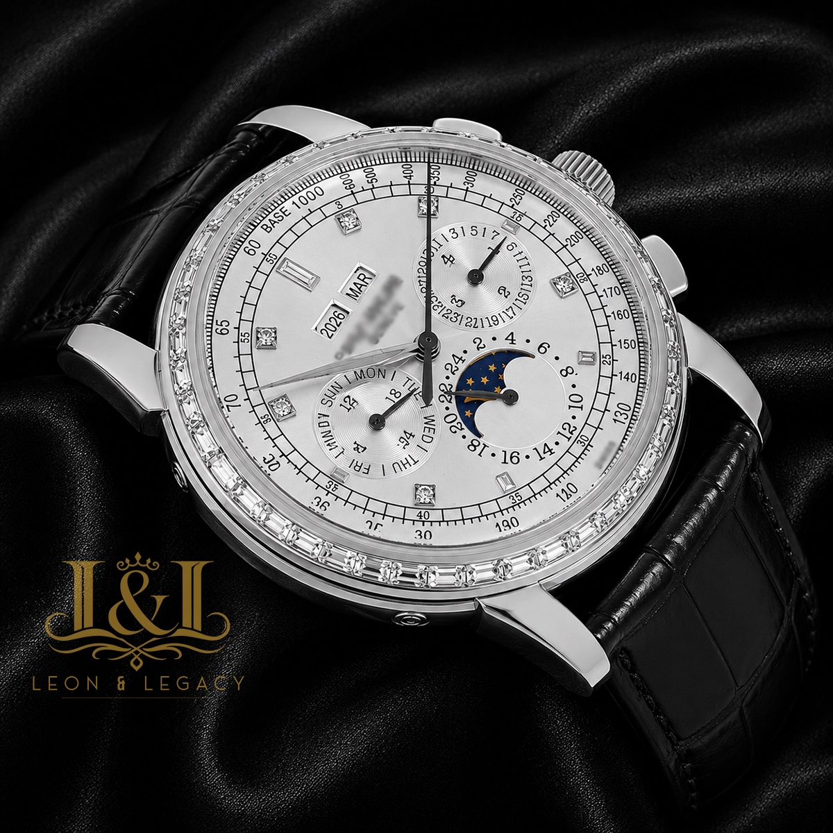 Chronograph Silver Watch with Dial and Black Leather Strap