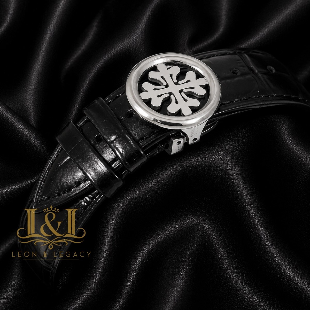Chronograph Silver Watch with Dial and Black Leather Strap