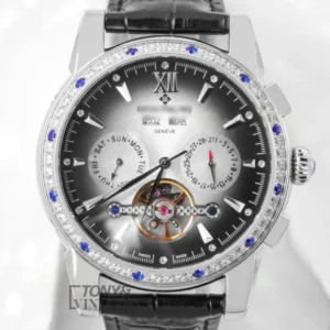 Chronograph Silver Watch with Gray Dial and Leather Strap