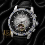 Chronograph Silver Watch with Gray Dial and Leather Strap