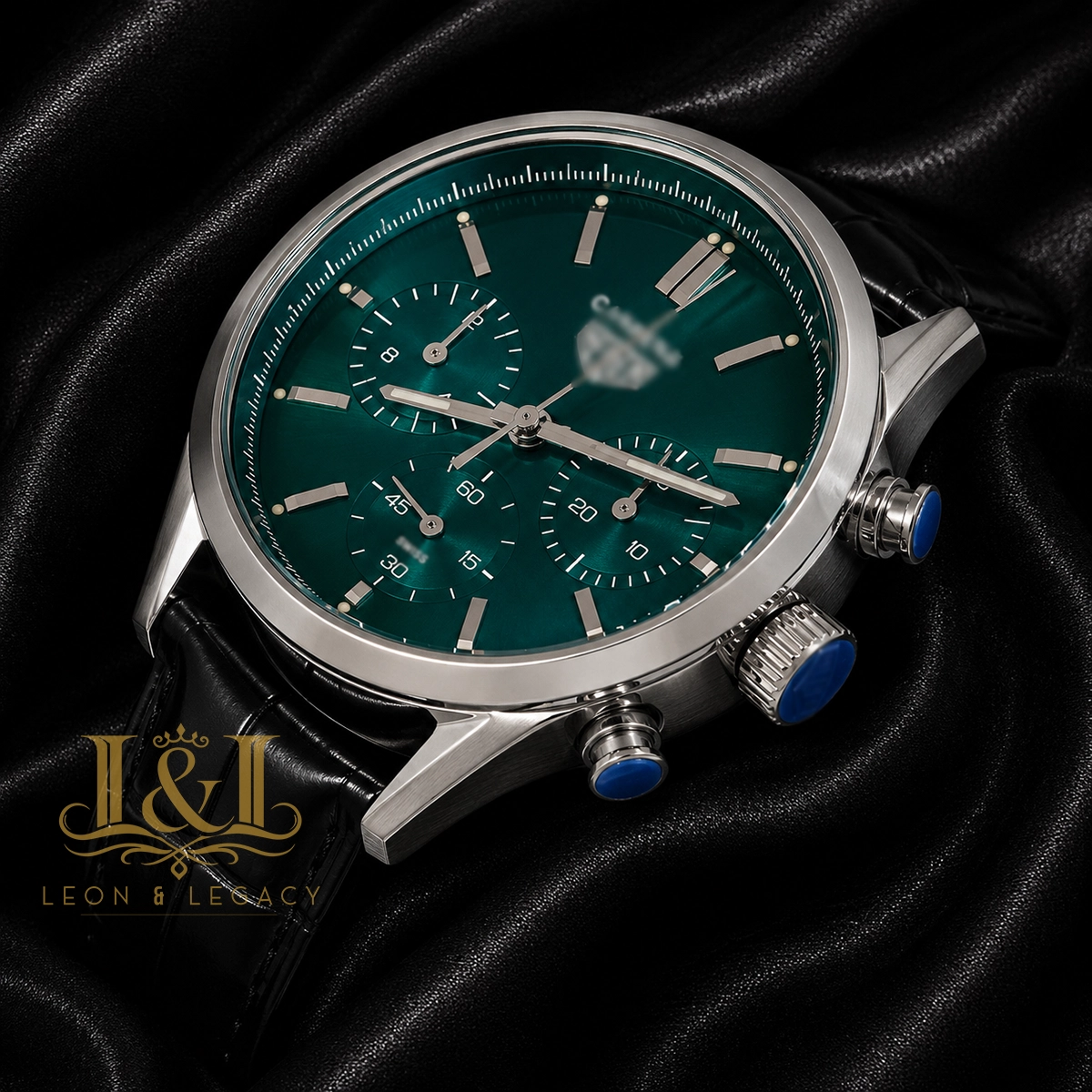 Chronograph Silver Watch with Green Dial and Black Leather Strap1 copy