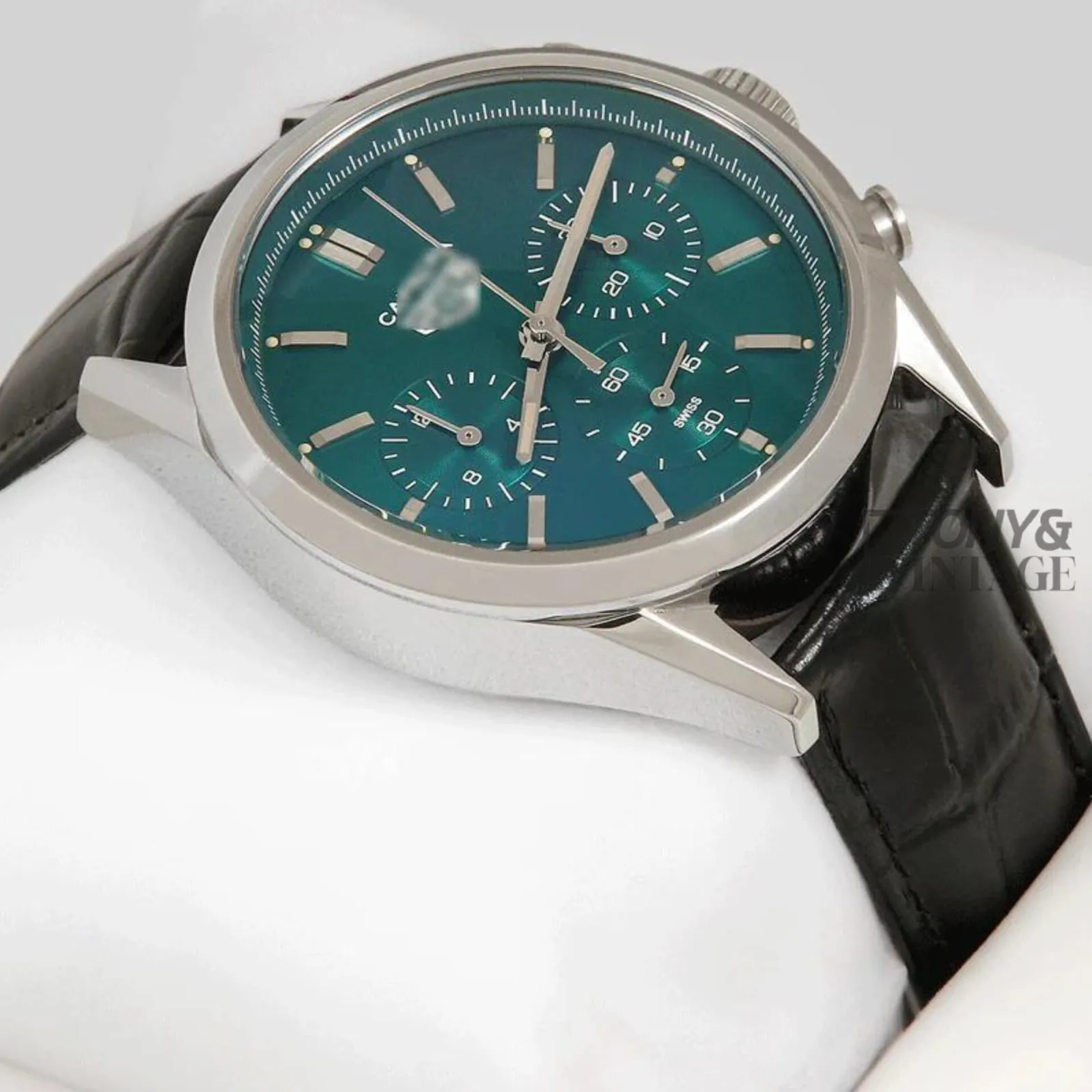 Chronograph Silver Watch with Green Dial and Black Leather Strap