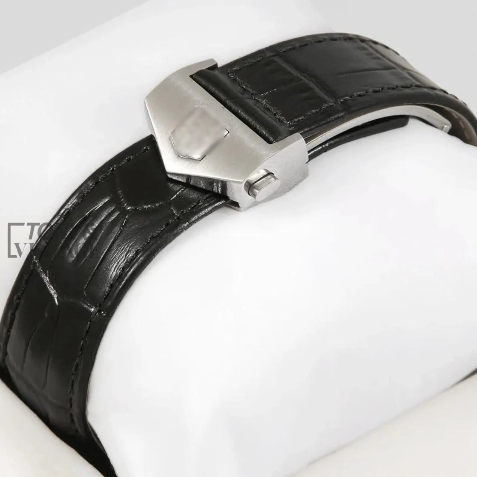 Chronograph Silver Watch with Green Dial and Black Leather Strap