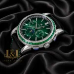 Chronograph Silver Watch with Sea Green Dial and Black Leather Strap