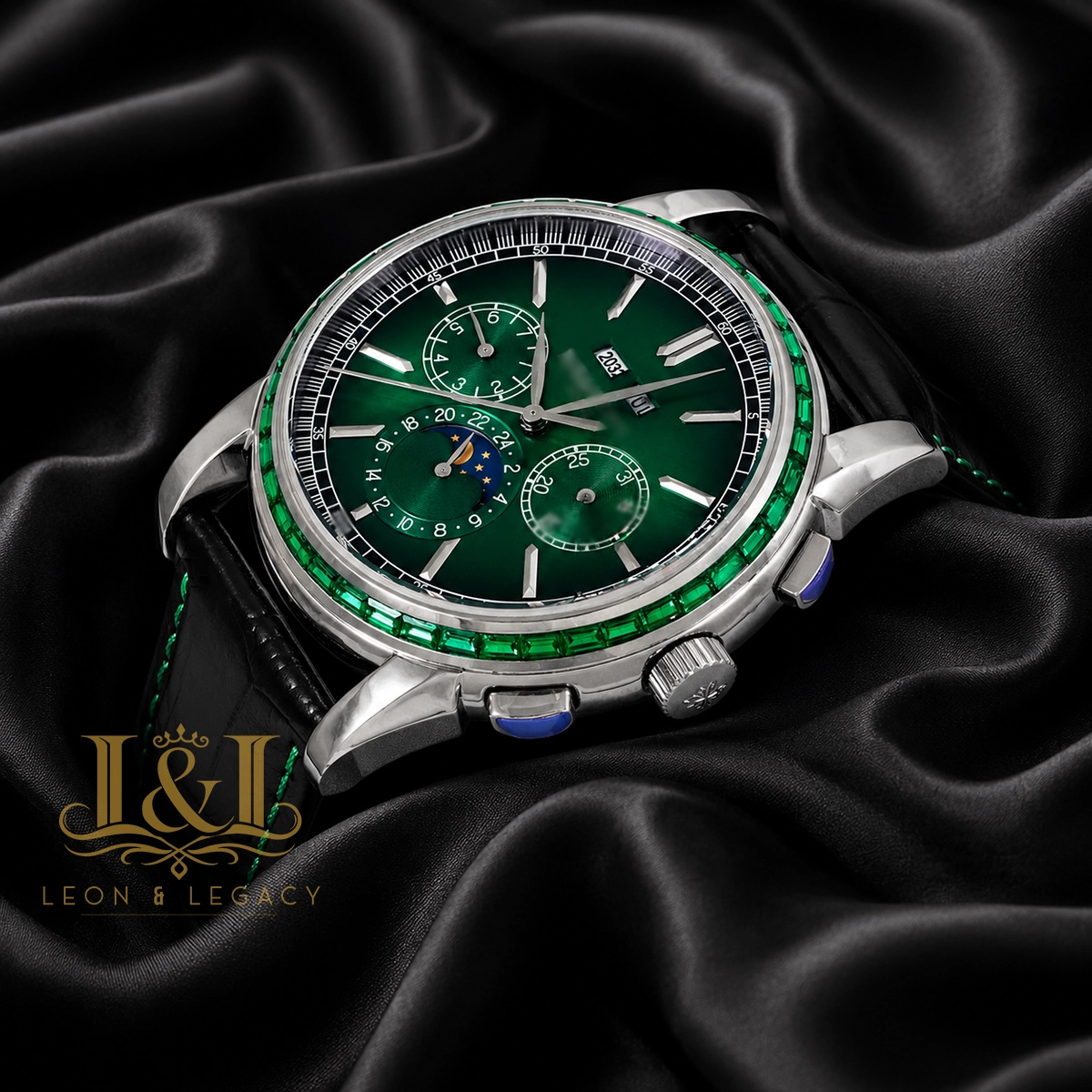 Chronograph Silver Watch with Sea Green Dial and Black Leather Strap 1 copy