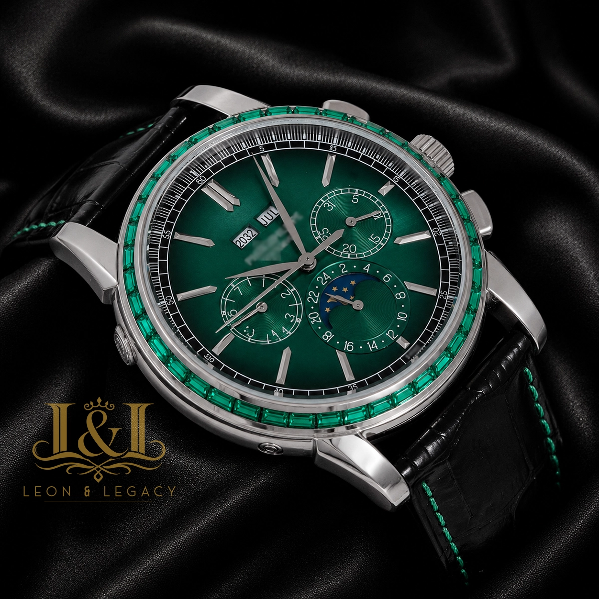 Chronograph Silver Watch with Sea Green Dial and Black Leather Strap