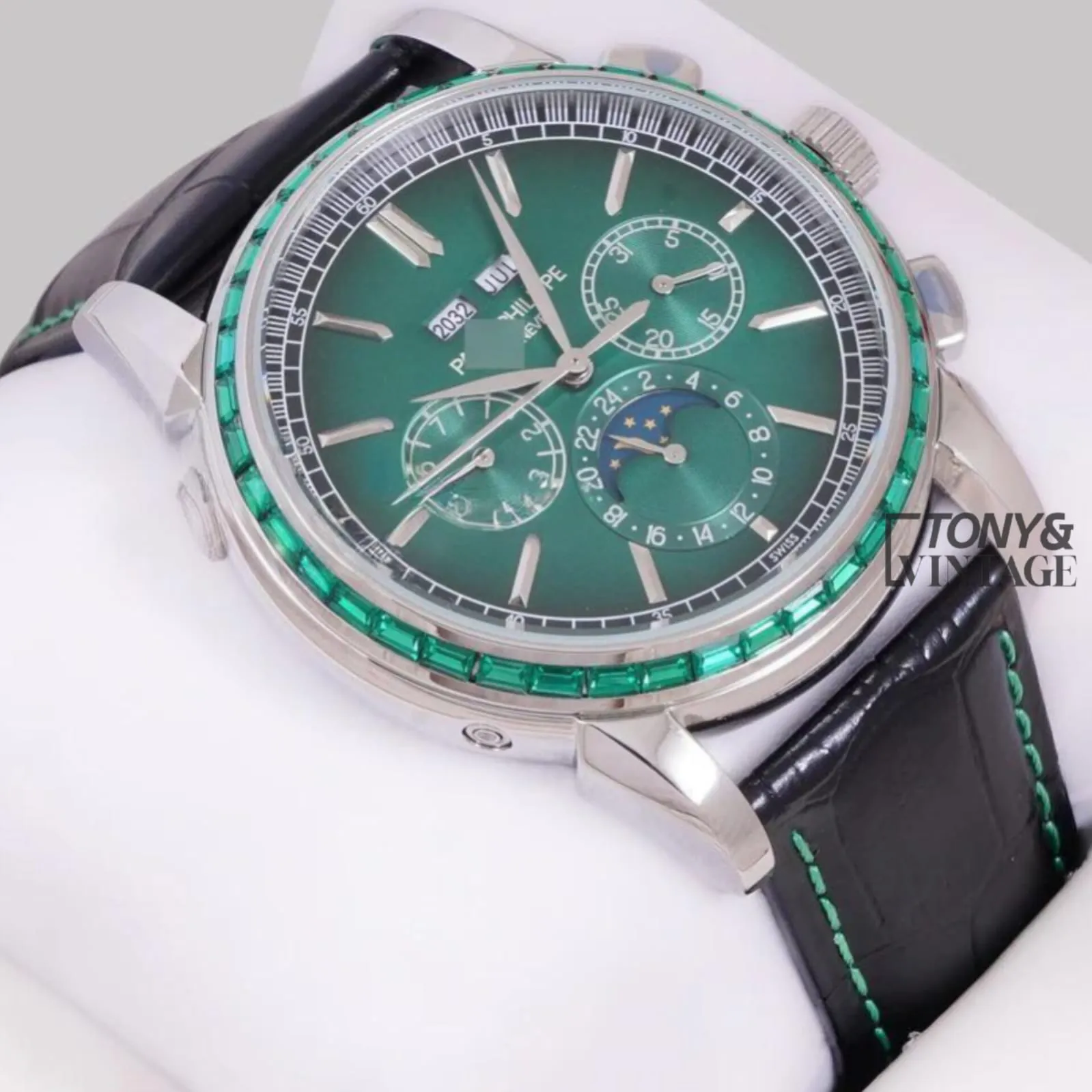 Chronograph Silver Watch with Sea Green Dial and Black Leather Strap